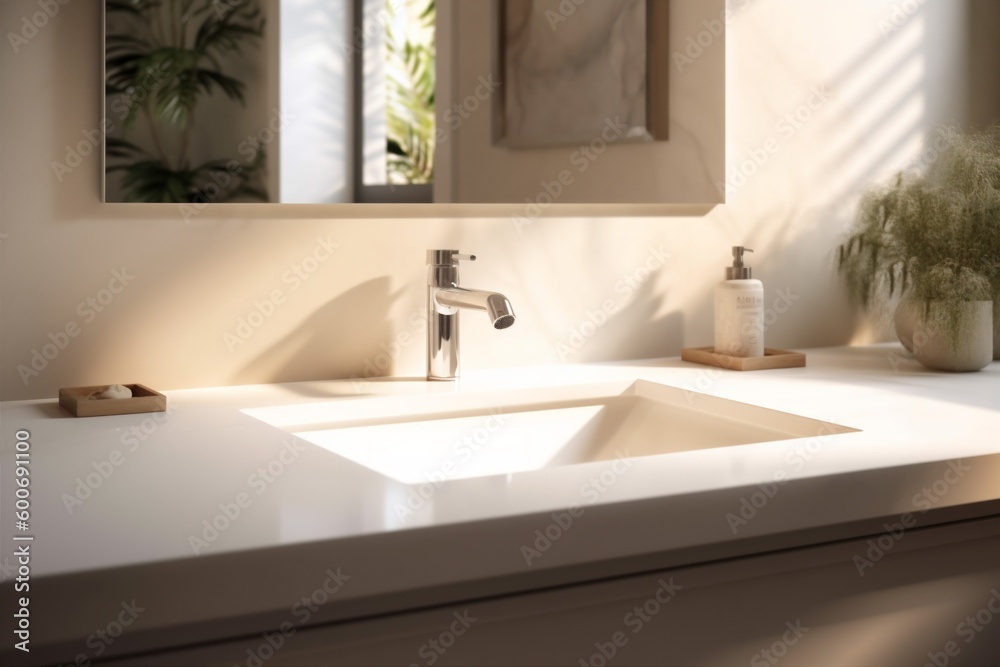 luxury counter modern sink design interior bathroom faucet house sunlight closeup. Generative AI. luxury counter modern sink design interior bathroom faucet house sunlight closeup. Generative AI.