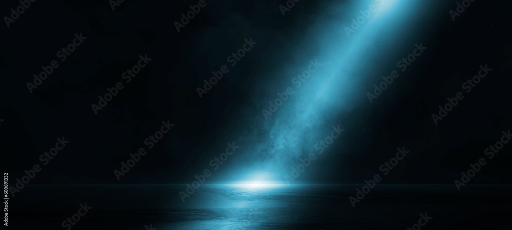 Empty dark abstract cement floor and studio room with smoke, and fog float up the interior texture, spotlight, and future digital science technology for the display products' wall background