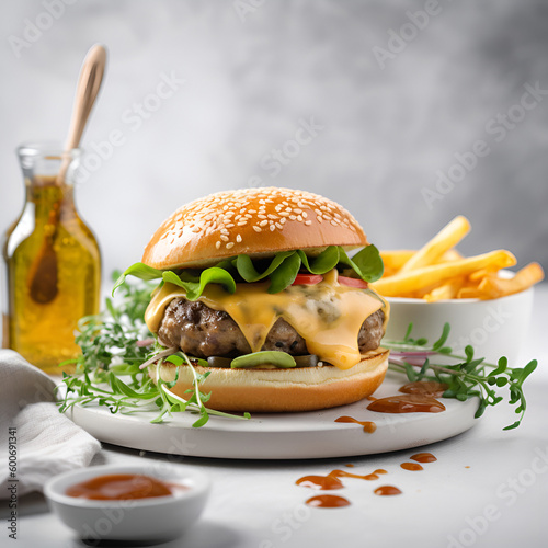 Craft beef burger and french fries on wooden board on white background. Generative AI content