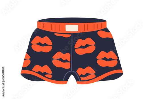 Men trunks, underwear with lips, kiss print. Funny boxers, shorts. Male panties, underclothing, briefs with sexy pattern. Undergarment. Flat vector illustration isolated on white background