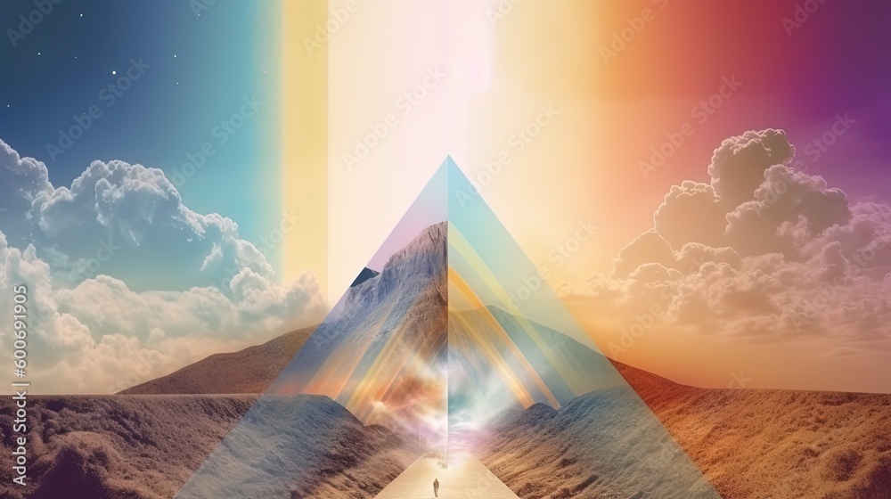euphoria dreamy aura atmosphere, collage illustration style, abstract background of heavenly mount landscape, Generative Ai