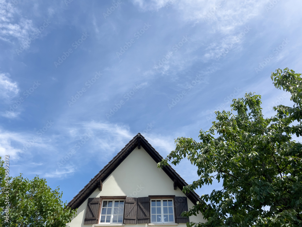 A beautiful house in a magical village, with its rooftop and cherry tree visible from the low angle view. Clouds stretch across the sky above this built structure situated within a residential A beautiful house in a magical village, with its rooftop and cherry tree visible from the low angle view. Clouds stretch across the sky above this built structure situated within a residential