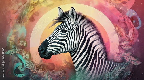 euphoria dreamy aura atmosphere  collage illustration style  close up portrait zebra with copy space  Generative Ai