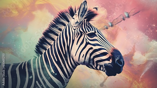 euphoria dreamy aura atmosphere  collage illustration style  close up portrait zebra with copy space  Generative Ai