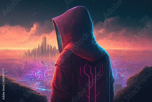 Obraz na płótnie A person in a hoodie standing on a hilltop and looking down at a futuristic cybe