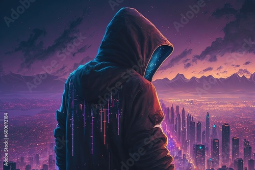 Fotografie, Tablou A person in a hoodie standing on a hilltop and looking down at a futuristic cybe