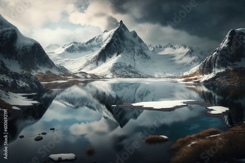 A snowy mountain range with a lake surrounded by snow covered mountains in the foreground and a cloudy sky in the background © Svitlana