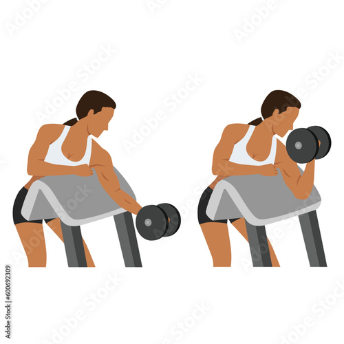 Woman doing one arm dumbbell preacher curl. Flat vector illustration isolated on white background