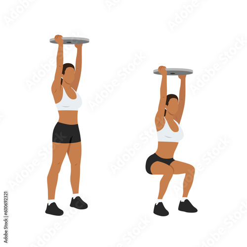 Woman doing Overhead plate squats exercise. Flat vector illustration isolated on white background