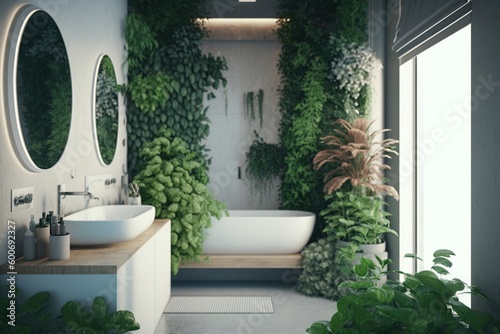 Bathroom interior decorated with green plants. Modern comfortable bathroom