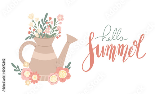 Vector horizontal card with flat hand drawn illustration of a garden watering can and bouquet of berries, flowers and leaves with lettering.