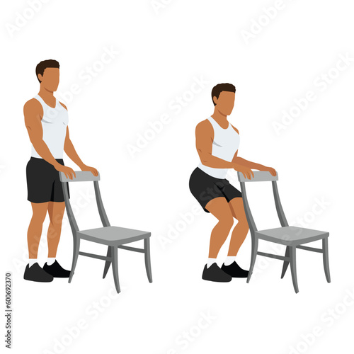 Man doing Chair squat exercise. Partial or half squat with chair for athlete. Flat vector illustration isolated on white background