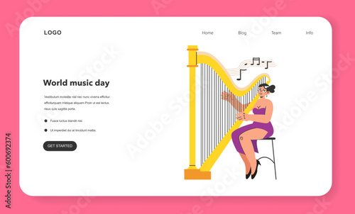 Harpist web banner or landing page. Young female character in a beautiful
