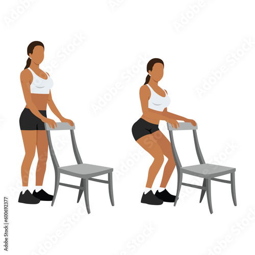 Woman doing Chair squat exercise. Partial or half squat with chair for athlete. Flat vector illustration isolated on white background