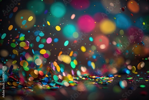 Colorful confetti in front of colorful background with bokeh for carnival