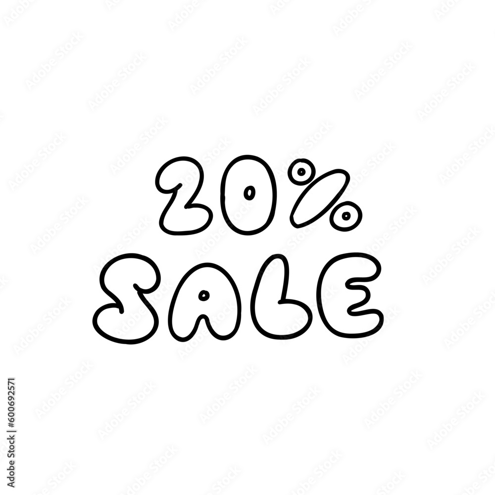 Hand made 20 percent sale black ink discount logo special offer lettering. Vector design illustration in outline doodle style isolated on white background. For seasonal sale, promo, discount, menu. Hand made 20 percent sale black ink discount logo special offer lettering. Vector design illustration in outline doodle style isolated on white background. For seasonal sale, promo, discount, menu.