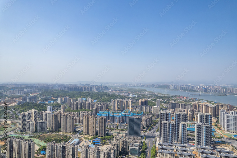 Aerial photography of real estate complex on the West Bank of Xiangjiang River, Changsha, China