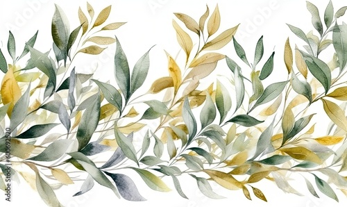 Watercolor seamless border, illustration with green gold leaves and branches, generative AI