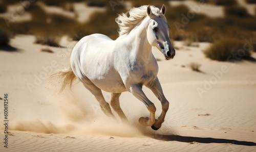 White horse run gallop in desert, generative AI © Enigma