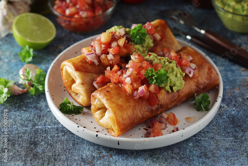 A typical dish of Mexican cuisine - Chimichanga, made of tortilla with different ingredients photo