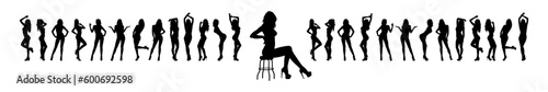 Sexy woman striptease sitting on chair in front of large group of sexy models flat silhouette.