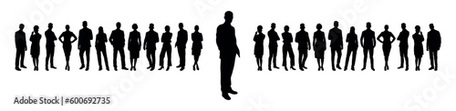 Confident businessman leader standing in front of business people vector silhouette.