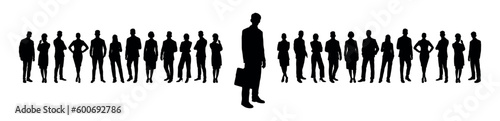 Confident businessman holding briefcase standing foreground on his business team flat black silhouette.