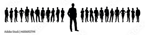 Confident businessman leader standing in front of business people vector silhouette.