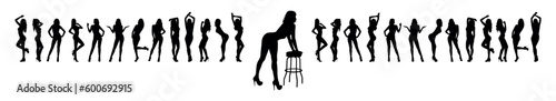Sexy woman posing with bar chair in front of group of women models vector silhouette.