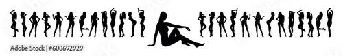 Sexy woman posing in front of large group of women models vector silhouette.