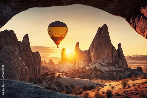 Landscape sunrise in Cappadocia with set colorful hot air balloon fly in sky with sunlight