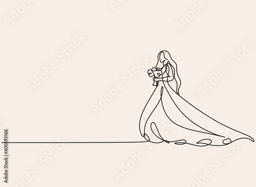 Vector illustration of a bride in wedding dress and a veil minimalist line art