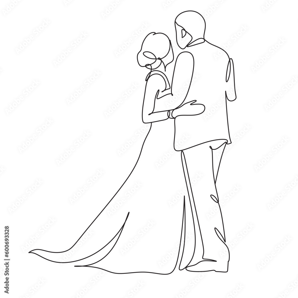 Single one line drawing happy cute married man and woman dancing on the floor at party park. Romantic young wedding couple holding hands and spinning around. Continuous line draw design graphic vector Single one line drawing happy cute married man and woman dancing on the floor at party park. Romantic young wedding couple holding hands and spinning around. Continuous line draw design graphic vector