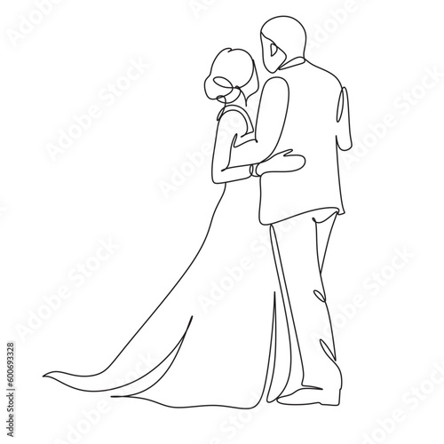 Single one line drawing happy cute married man and woman dancing on the floor at party park. Romantic young wedding couple holding hands and spinning around. Continuous line draw design graphic vector