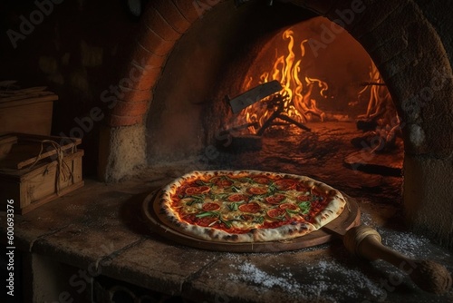 Pizza in a traditional pizza oven. Cooking Pizza