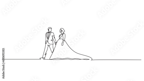 Single one line drawing happy cute married man and woman dancing on the floor at party park. Romantic young wedding couple holding hands and spinning around. Continuous line draw design graphic vector