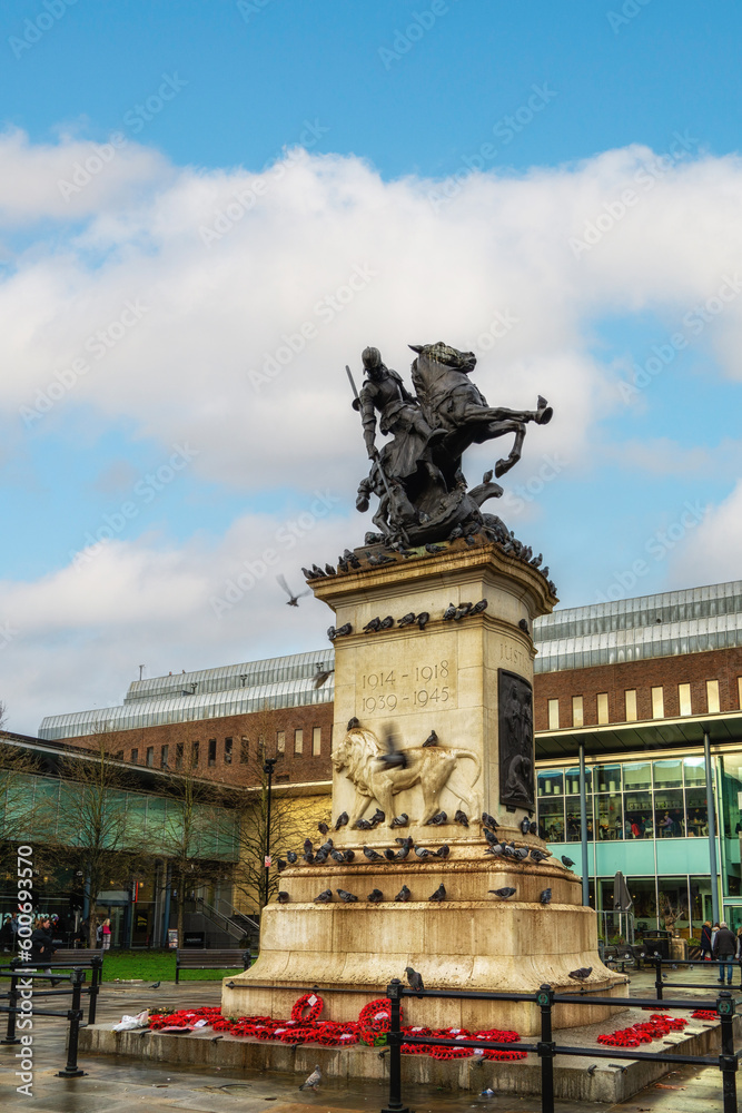 War Memorial statue in Old Eldon Square depicting St George slaying the Dragon, sculpted in bronze.