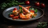 Photo a plate of shrimp with tomatoes and herbs, generative AI