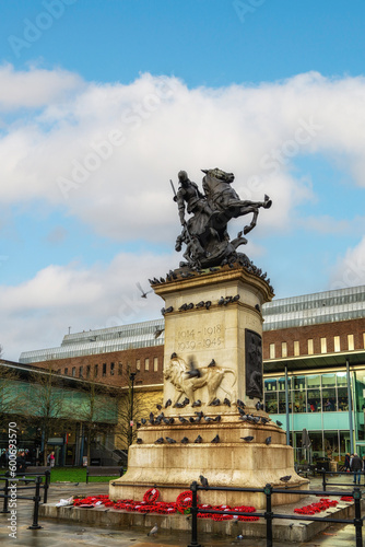 War Memorial statue in Old Eldon Square depicting St George slaying the Dragon, sculpted in bronze. photo