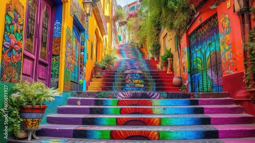 beautiful stairway step to in hill village painted in colorful color, Generative Ai