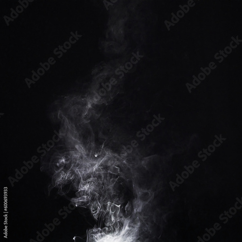Grey smoke, white background and studio with no people with fog in the air. Smoking, smog swirl and isolated with smoker art from cigarette or pollution with graphic space for incense creativity
