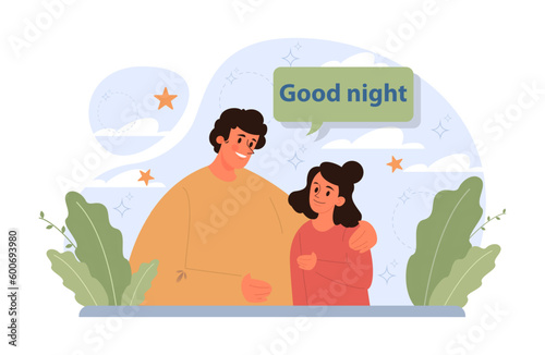 Fatherhood concept. Dad wishing his child a goodnight. Bedtime story.