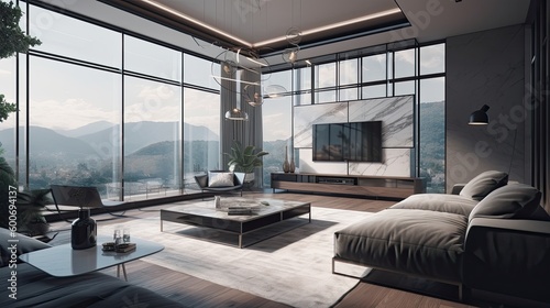 Modern luxury spacious penthouse living room interior design with comfortable sofa, coffee table, TV cabinet, TV on the wall and large glass window with mountain view © ttonaorh