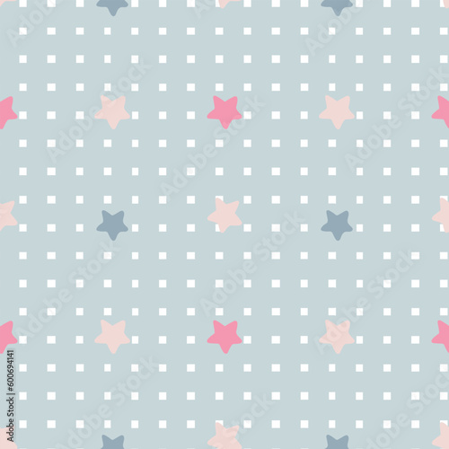 Repeating multicolored stars on a checkered pattern. Romantic seamless background. Printing for printing, T-shirts and textiles. Wrapping paper.