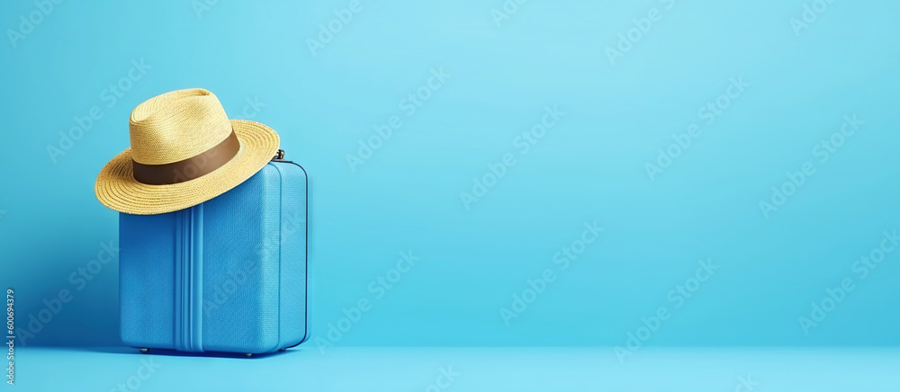 Blue travel suitcase with wheels, straw hat, on uniform blue background. Trip concept. Generative AI Blue travel suitcase with wheels, straw hat, on uniform blue background. Trip concept. Generative AI
