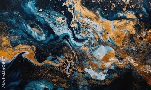 Swirling golden and blue acrylic fluid art dark blue waves in abstract ocean and golden foamy waves marble effect, generative AI
