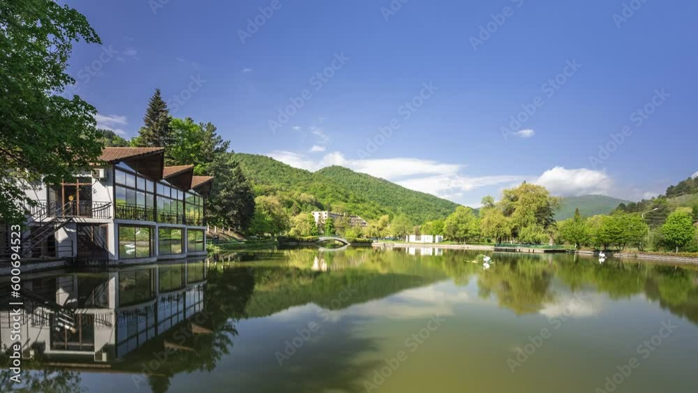 Beautiful view of small lake at Dilijan city park on sunny morning Beautiful view of small lake at Dilijan city park on sunny morning