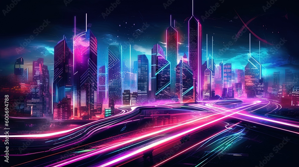 A sleek and modern futuristic neon cityscape with minimalist and clean-lined architecture generative ai