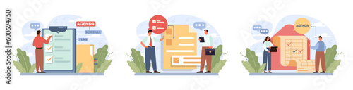 Schedule management set. Character planning or checking task