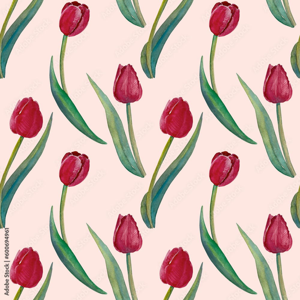 Seamless pattern of watercolor tulip flowers. Hand drawn illustration. Botanical hand painted floral elements on pink background. Seamless pattern of watercolor tulip flowers. Hand drawn illustration. Botanical hand painted floral elements on pink background.